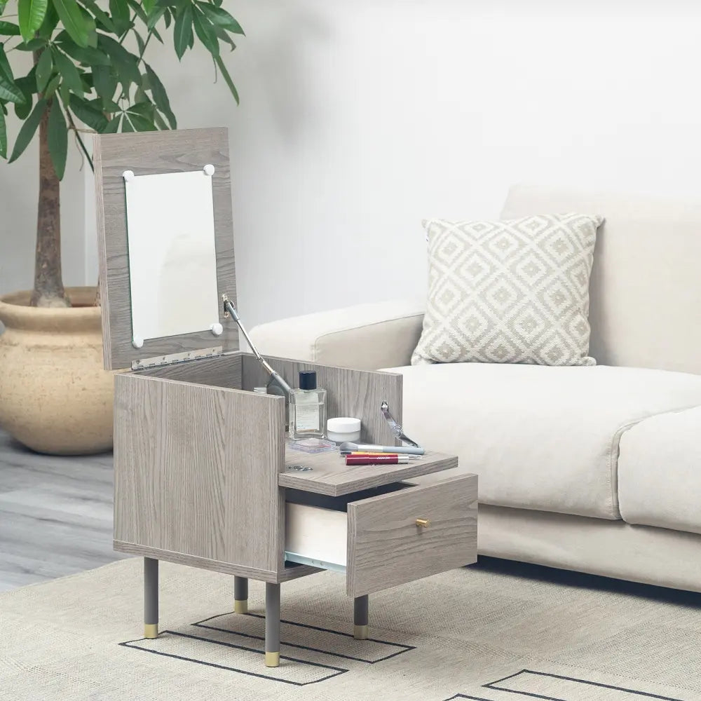 [34幅]天板裏にミラーが付いたサイドチェスト 国産 ナイトテーブルとしても使える韓国風デザイン【お客様組立】