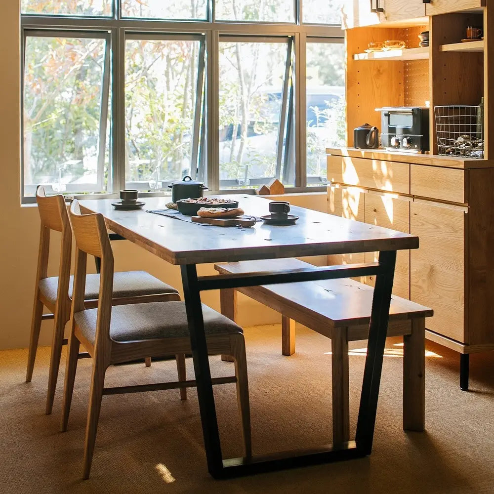 【150cm幅】天然オーク無垢材×スチール脚 ウレタン塗装ダイニングテーブル ２色展開