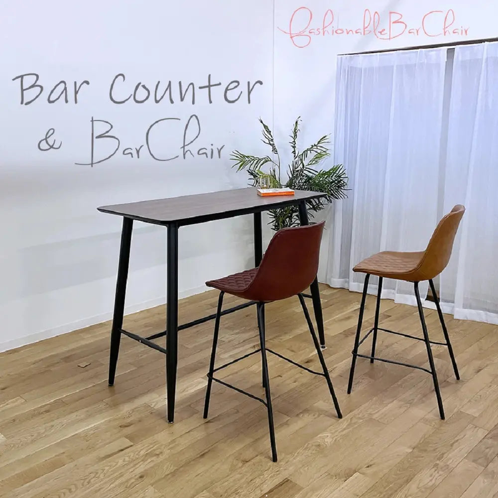 [120cm幅]スタイリッシュなバーカウンター3点セット。メラミン天板テーブル×バイキャストレザー張りチェア