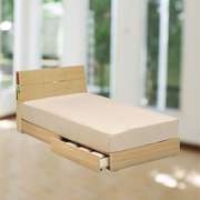 [シングル]棚付き引出付きライト付きベッドフレーム 美しい曲線と木目が一日の疲れを癒します！色違いあり