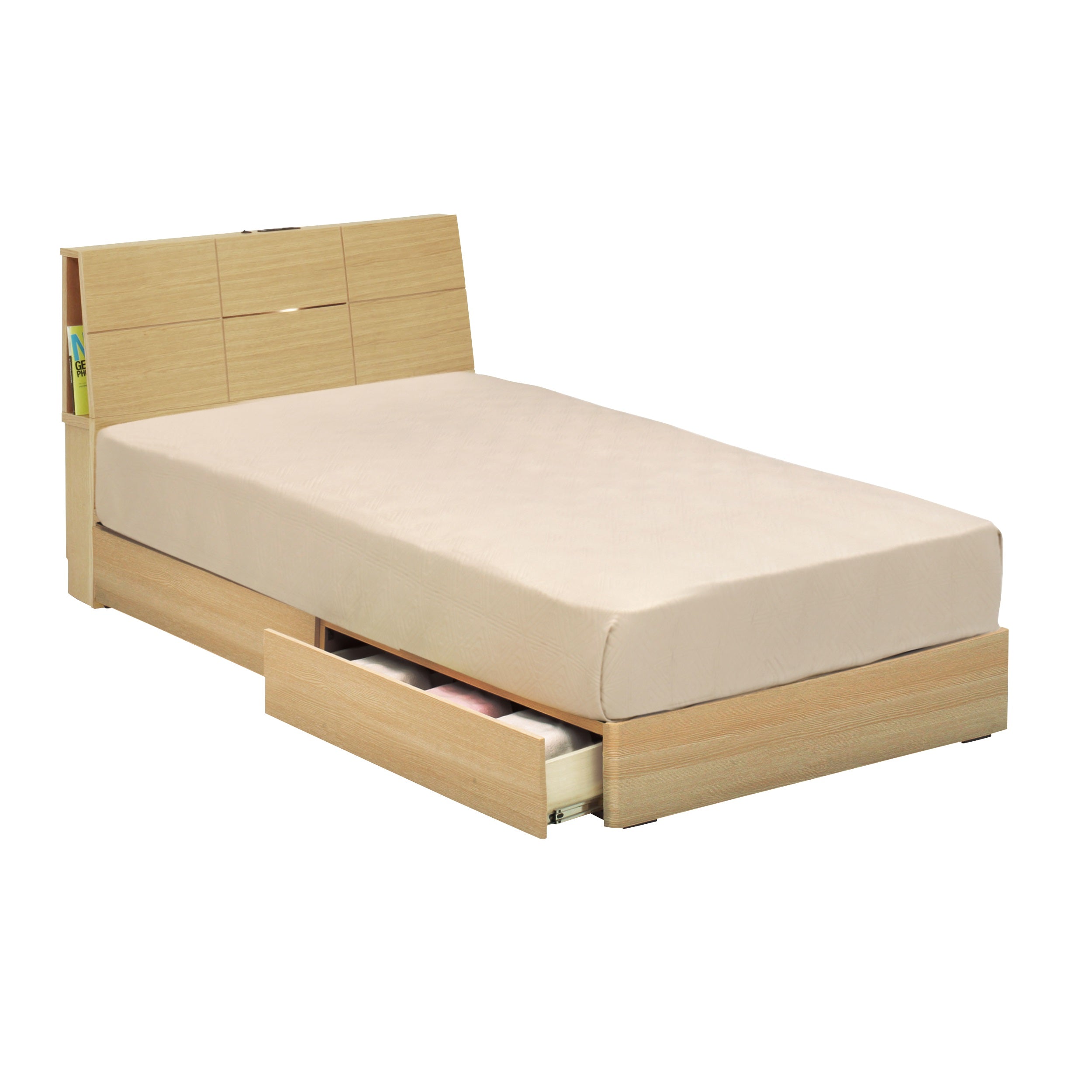 [シングル]棚付き引出付きライト付きベッドフレーム 美しい曲線と木目が一日の疲れを癒します！色違いあり