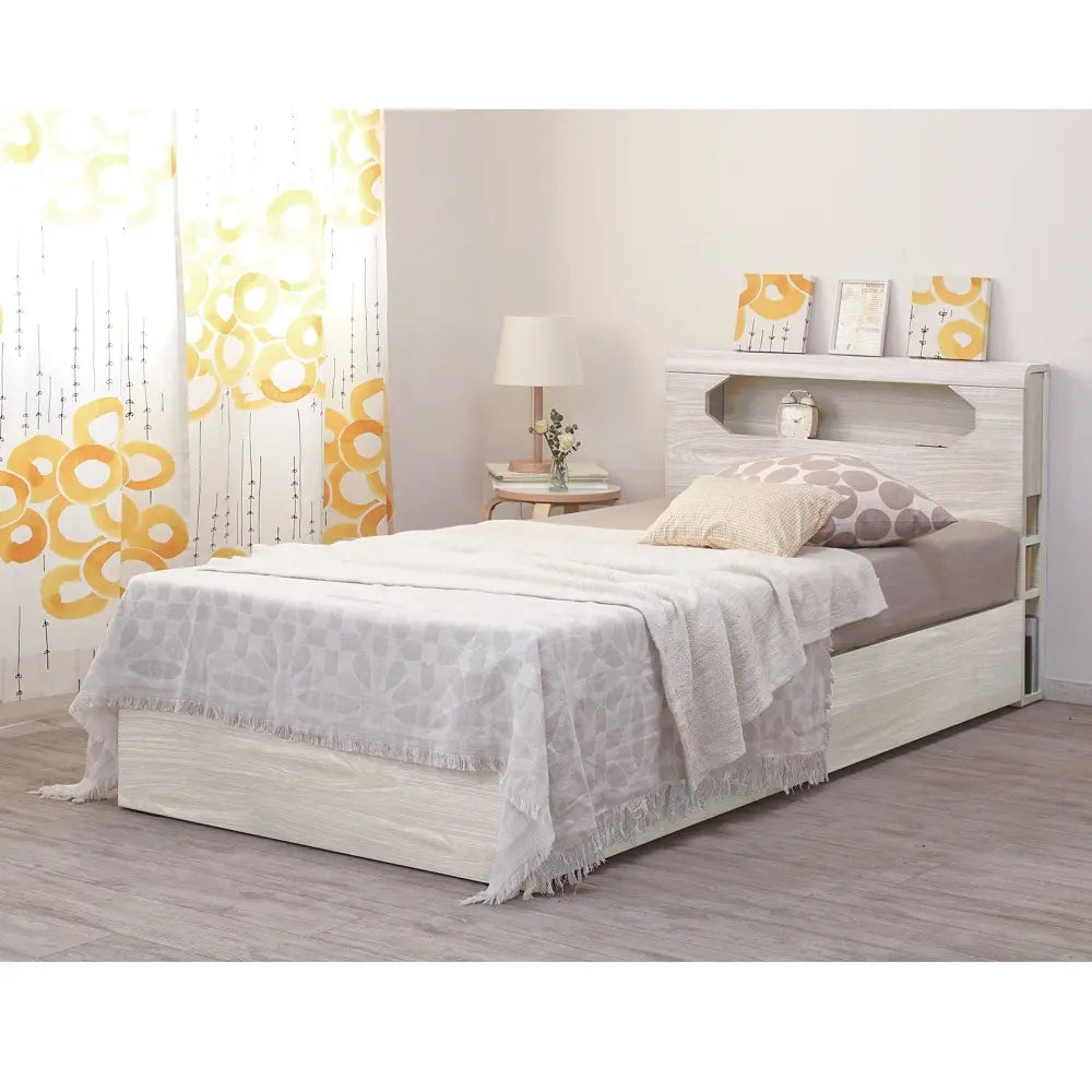 [シングル]棚付ベッドフレーム。引出あり・なしが選べる。省スペース設計。照明・コンセント付き