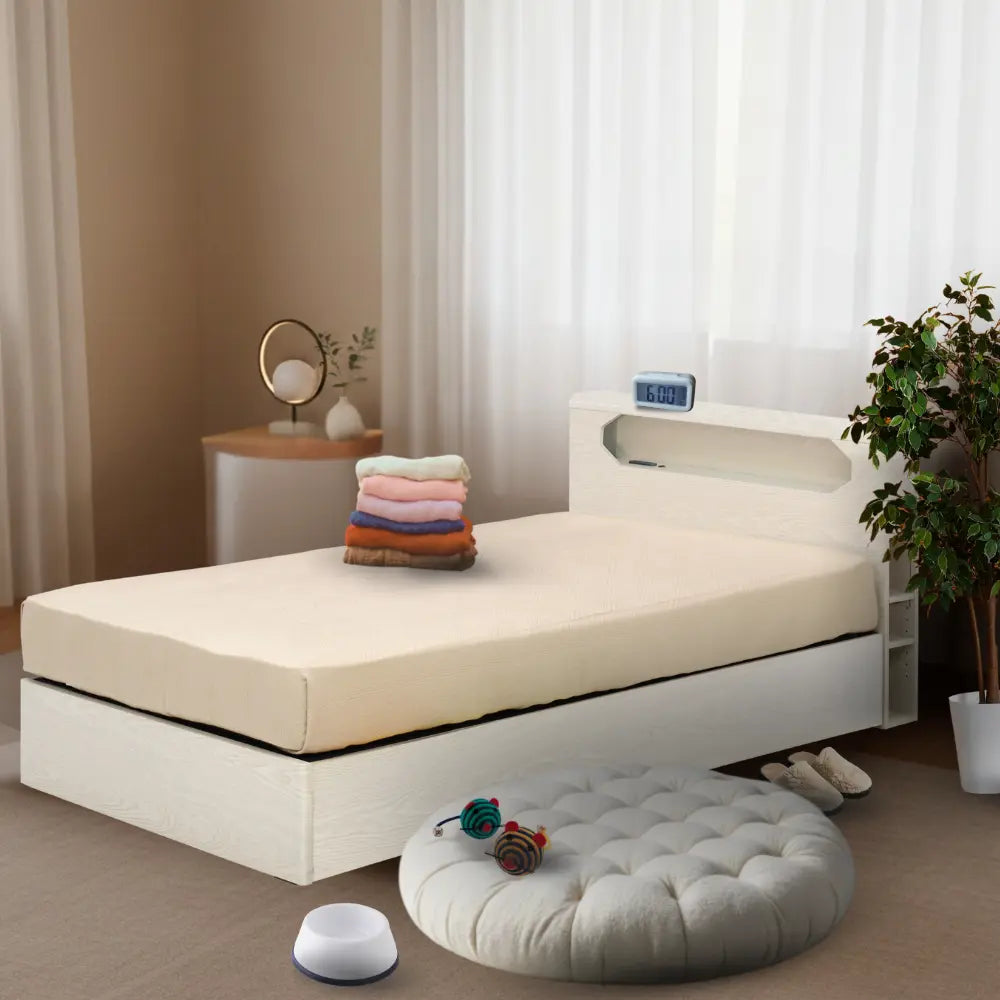 [セミダブル]収納棚・LED照明・コンセント付きのベッドフレーム。引出あり・なしが選べる。北欧風ホワイト木目